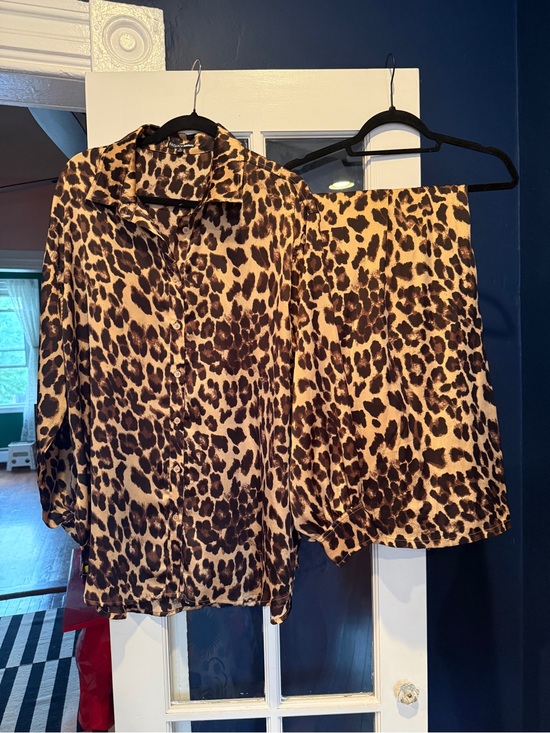 Fashion Nova Pants - Leopard Print Blouse and Wide Leg Pant Set - Brown & Black